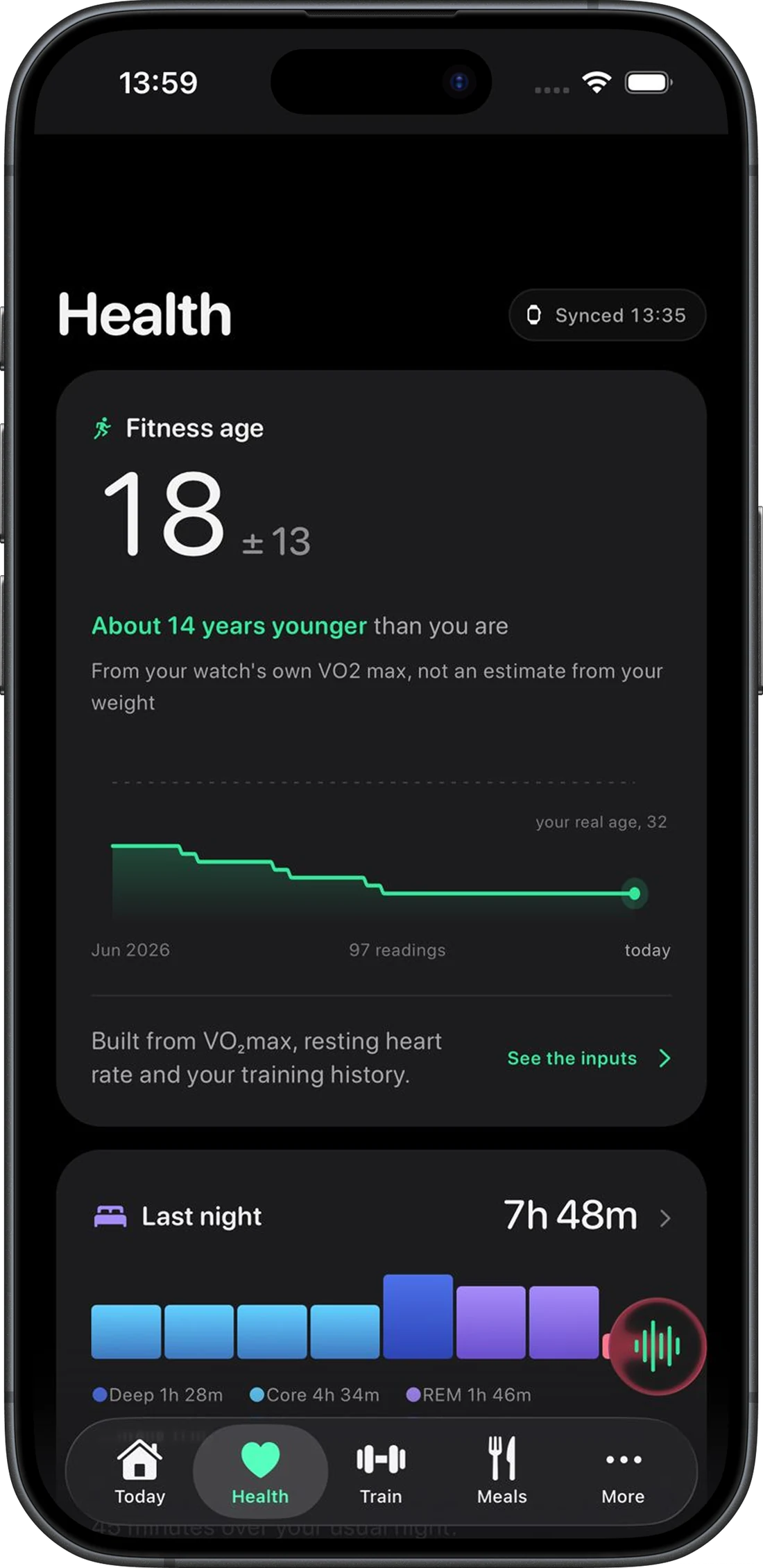 The VitaOS health screen, showing fitness age against real age
